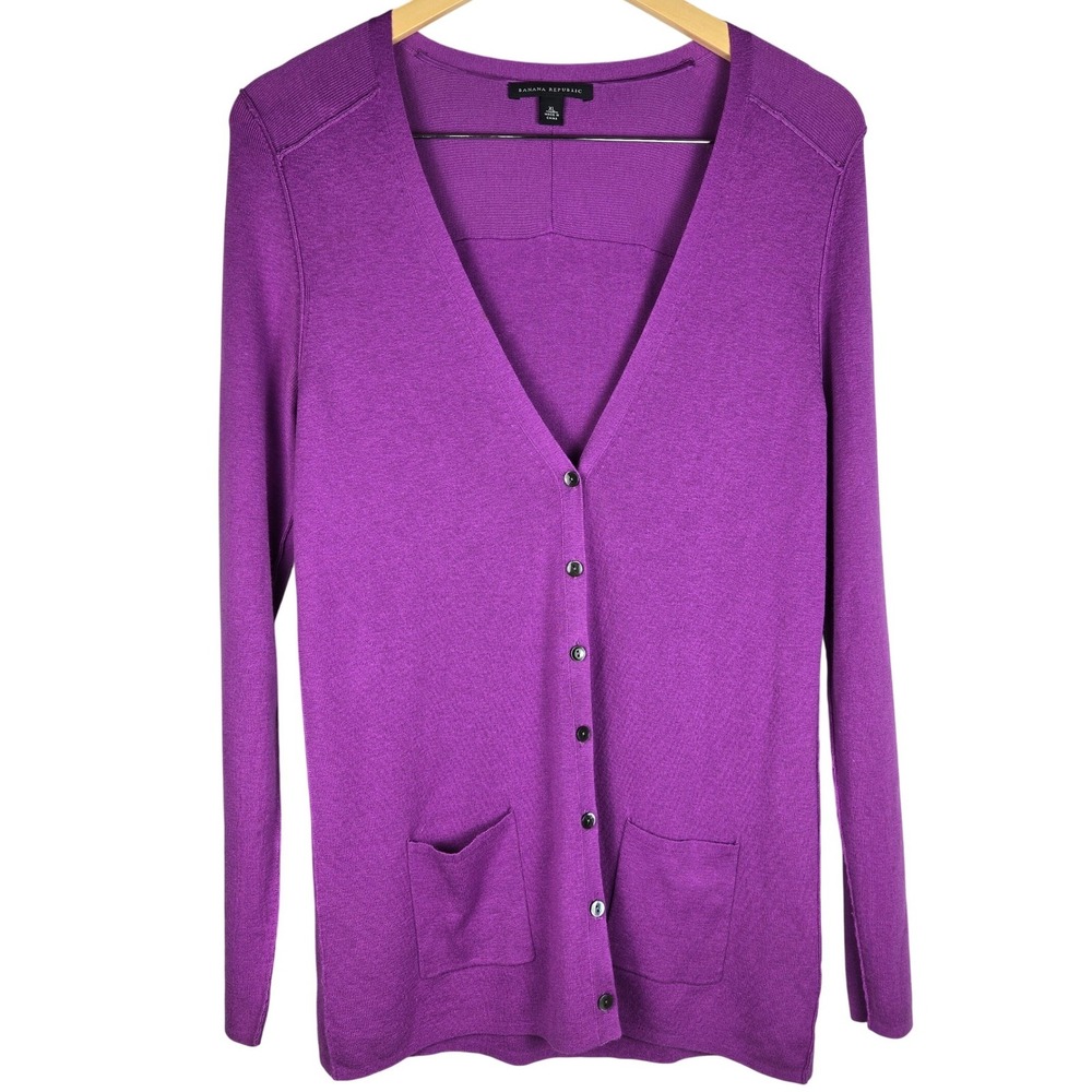 Banana Republic Purple Silk Blend V-Neck Button Front Cardigan XL Avant Garde